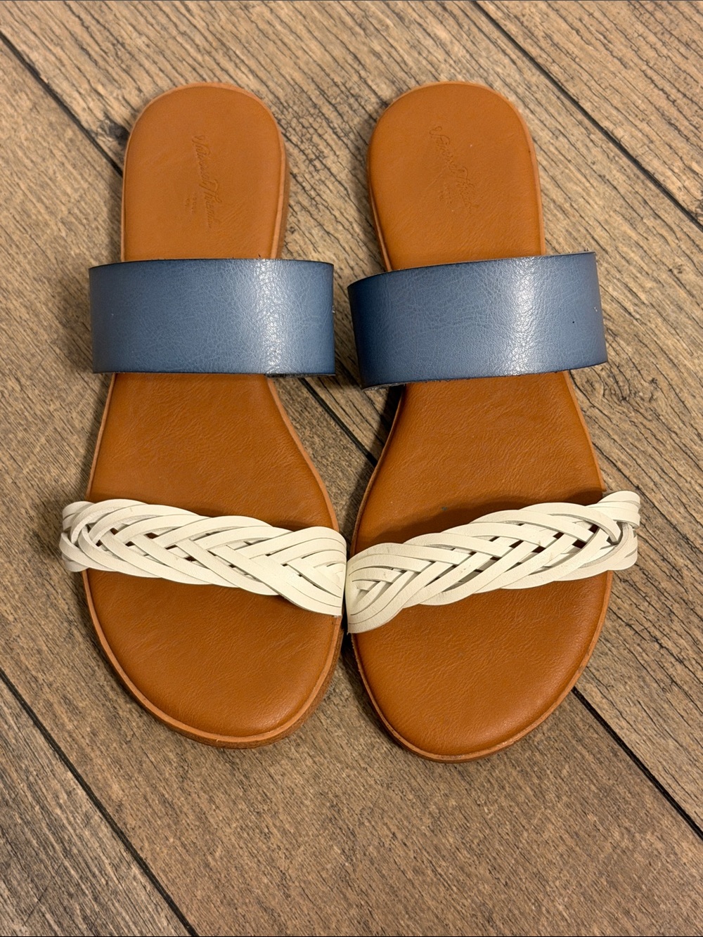 Universal Thread Two-Band Slide Sandals in Blue, White and Tan